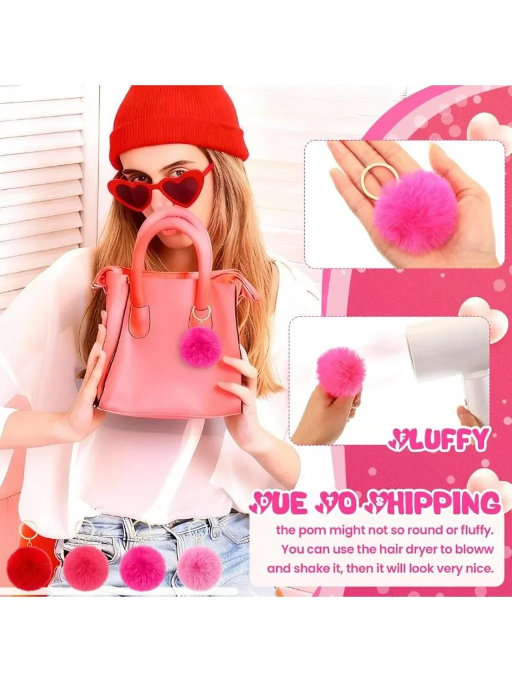 60 Pcs Pink Pom Poms Keychains - Cute Fluffy Balls for DIY Party Favors & Gifts